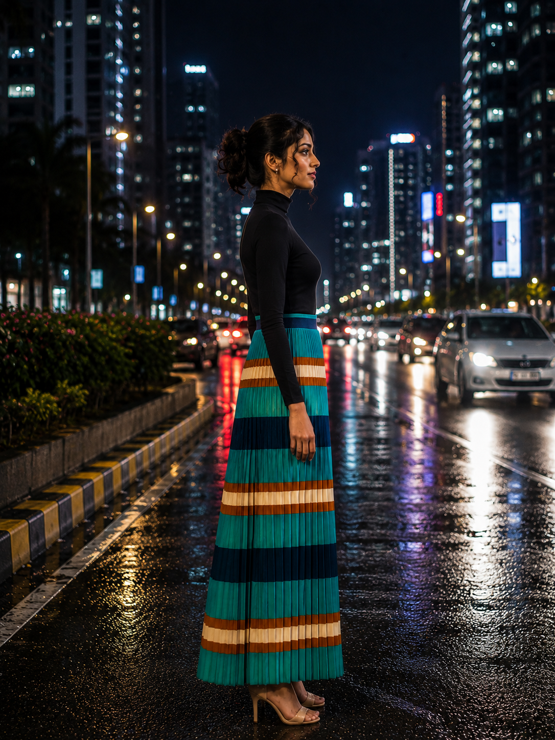 Teal multi-stripe pleated maxi skirt
