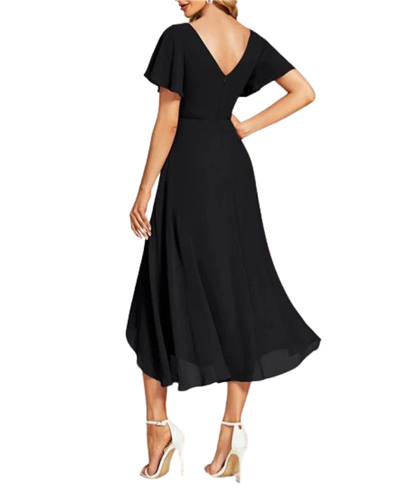 V-Neck Ruffle Sleeves Bridesmaid Dress in Black