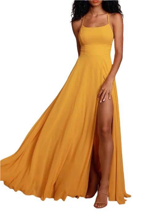 Mustard Yellow Backless Maxi Dress with Slit