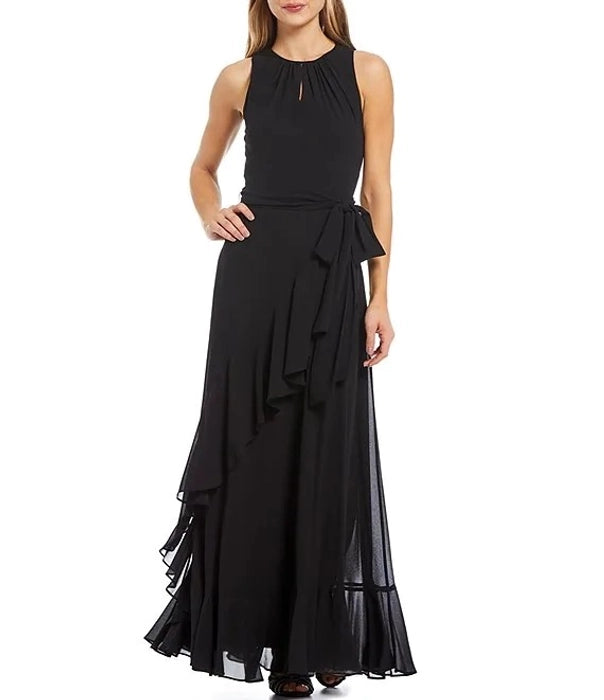 Crew Neck Tie Waist Ruffle Front Gown