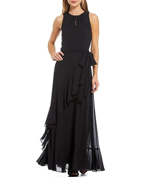 Crew Neck Tie Waist Ruffle Front Gown