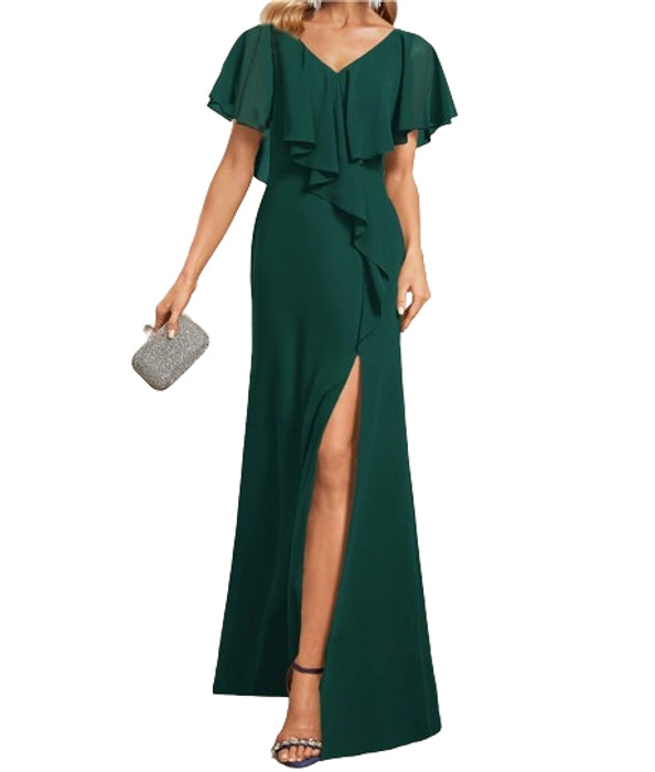 V-Neck with ruffles Maxi Dress in Bottle Green