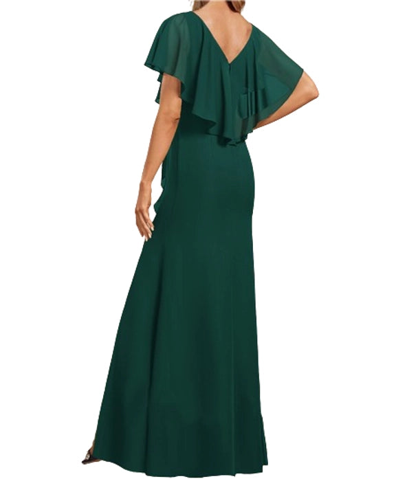 V-Neck with ruffles Maxi Dress in Bottle Green