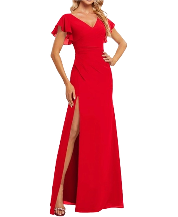 Red Floor-Length Maxi Dress With Ruffle