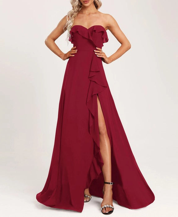 Maroon red Sweetheart Floor-Length Bridesmaid Dress With Ruffle