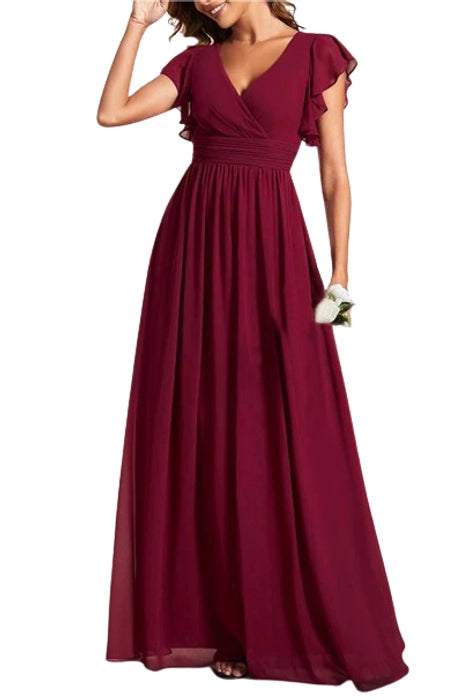 Back Cutout A Line Pleated Ruffles Sleeve Bridesmaid Dress