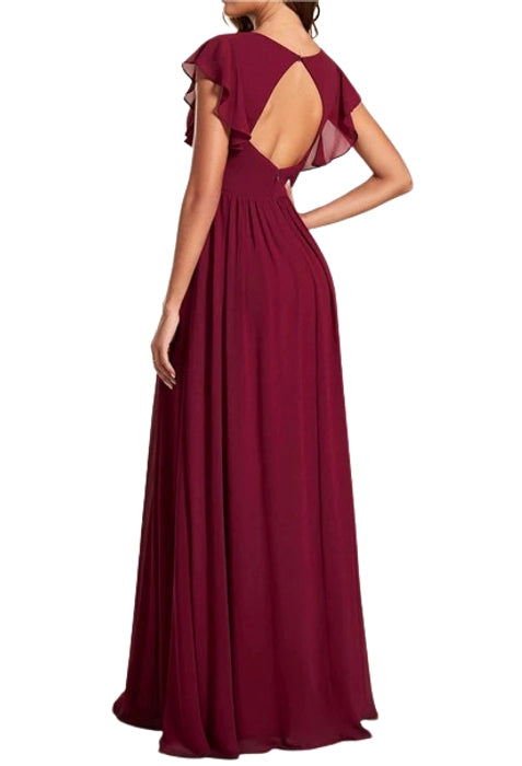 Back Cutout A Line Pleated Ruffles Sleeve Bridesmaid Dress