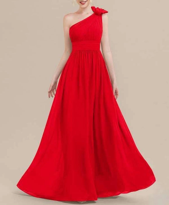 Red One-Shoulder Bridesmaid Dress With Ruffle Flower