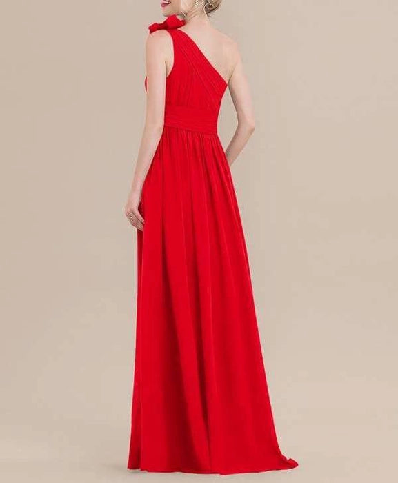 Red One-Shoulder Bridesmaid Dress With Ruffle Flower