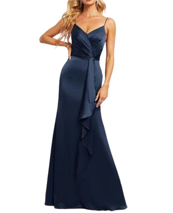 V-Neck Floor Length imported Satin Bridesmaid Mermaid Dress with Ruffles