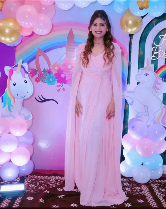 Baby Pink Cape Sleeves All Occasion Wear Double Draped Dress