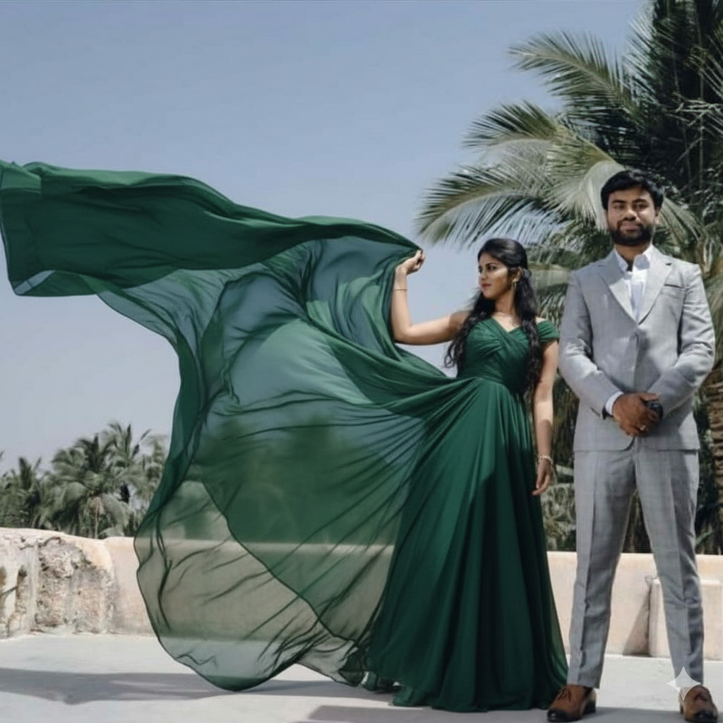 Bottle Green Double Draped Prewedding Shoot Mega Trail Dress