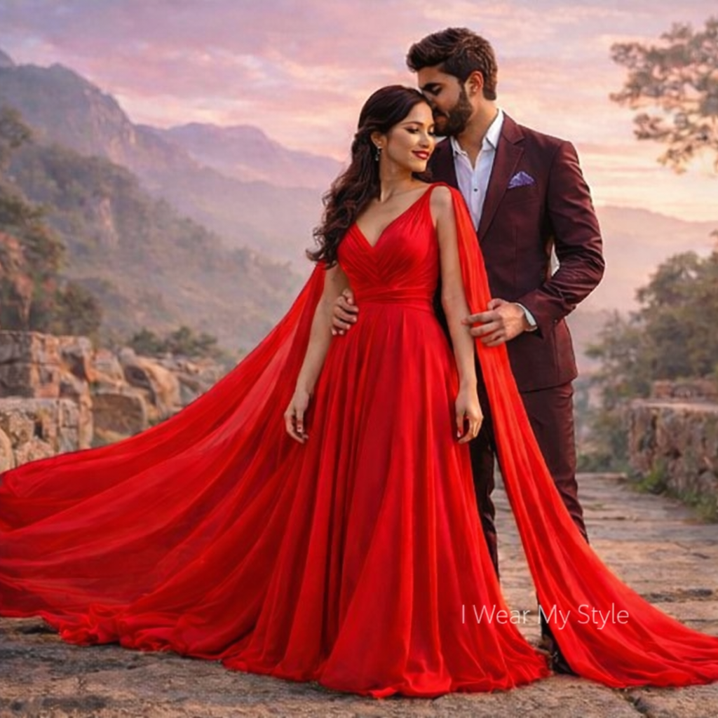 Red V Neck Butterfly Winged Prewedding Trail Dress