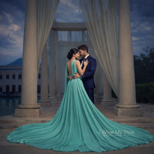 Turquoise Blue V Neck Princessa Prewedding Long Trail Dress