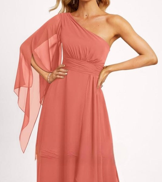 Watermelon Orange One Shoulder Occasion Wear Maxi Dress
