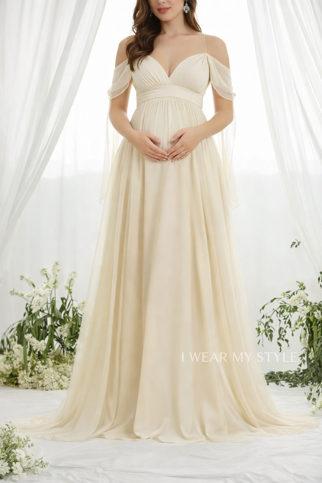 Light Yellow Plunge Neck Cold Shoulder Maternity Dress