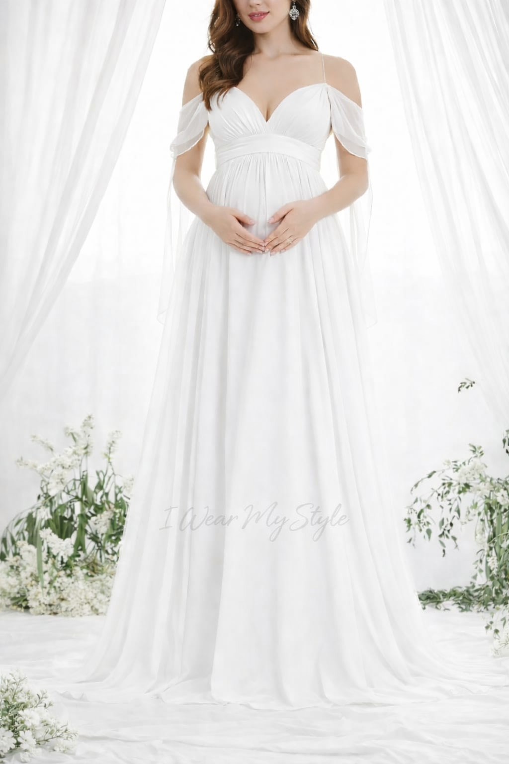 White Georgette Maternity Sweetheart Neck Baby Shower Dress