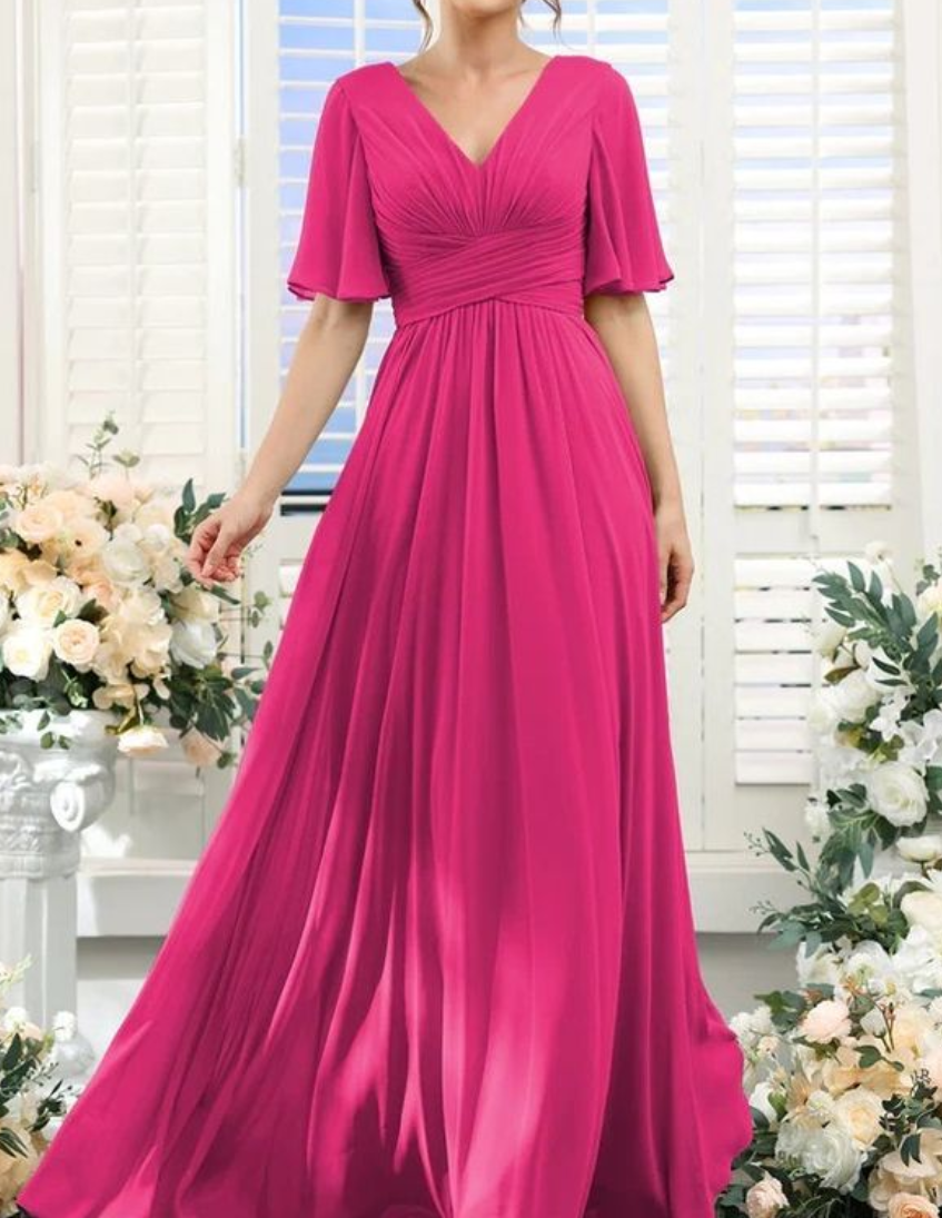 Hot Pink Cross Drape Bridesmaid Dress - Main Image
