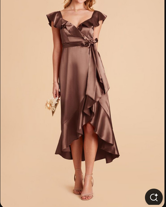 Brown Satin Asymmetrical Ruffled Dress