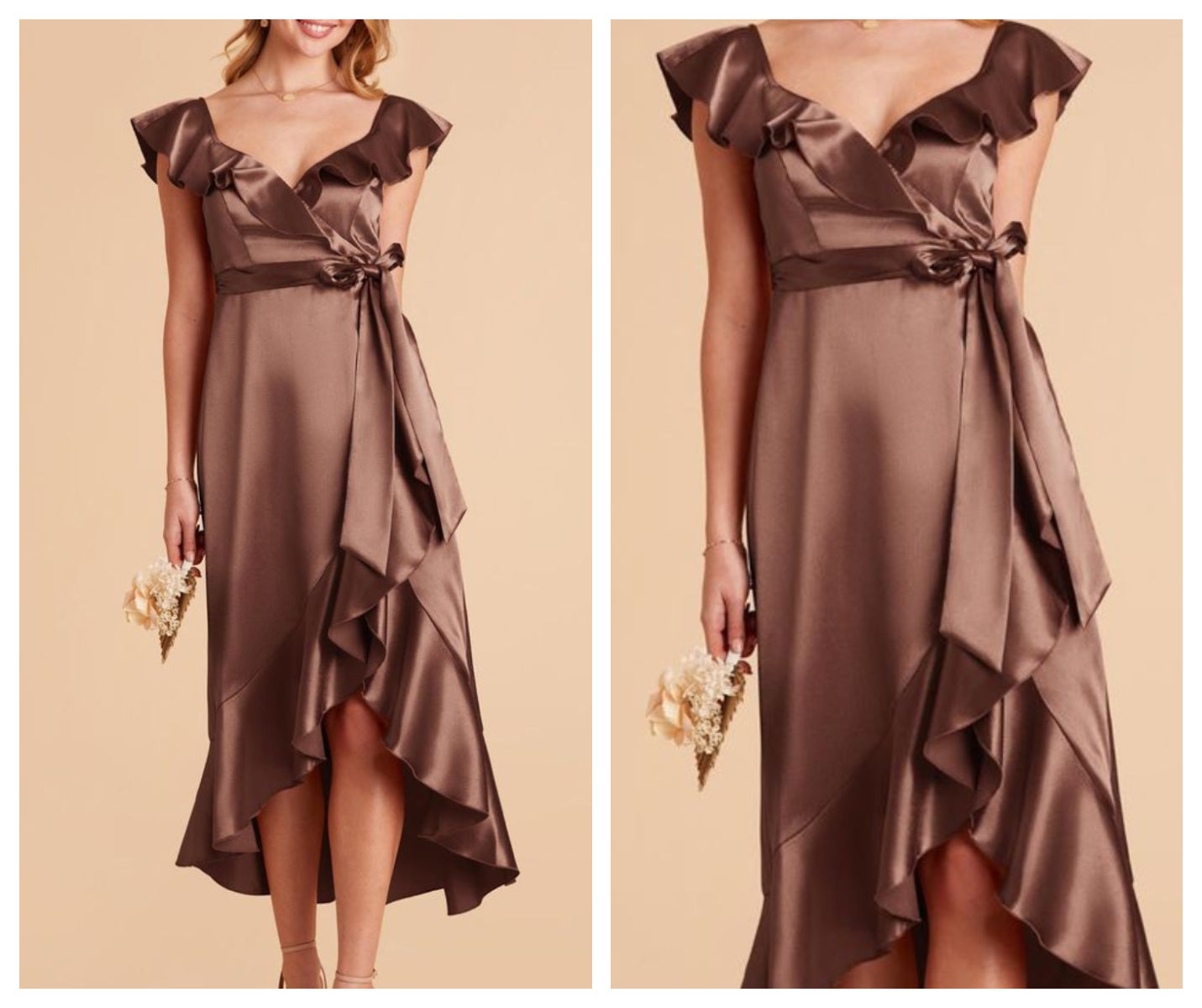Brown Satin Asymmetrical Ruffled Dress