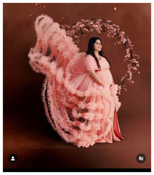 Peach Lycra & Net Multiple Ruffled Maternity Gown