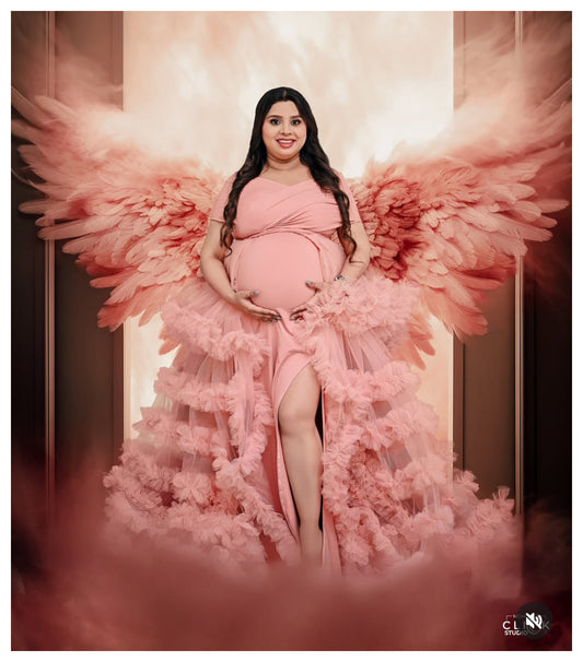 Peach Lycra & Net Multiple Ruffled Maternity Gown