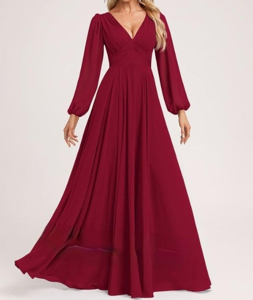 Cherry Red V Neck Puffer Sleeves Maxi Dress