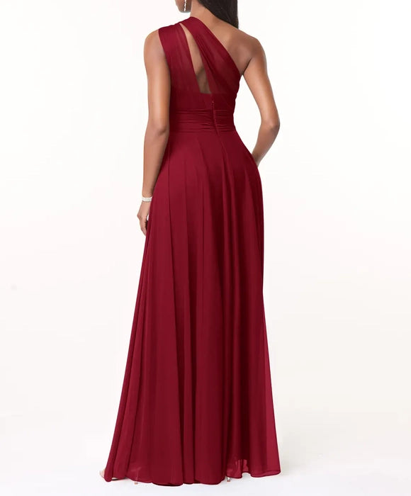 Maroon Red One-Shoulder Maxi Dress with Drape