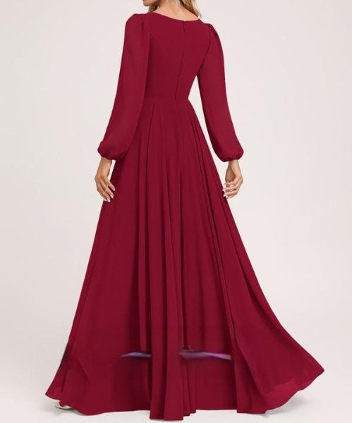 Cherry Red V Neck Puffer Sleeves Maxi Dress