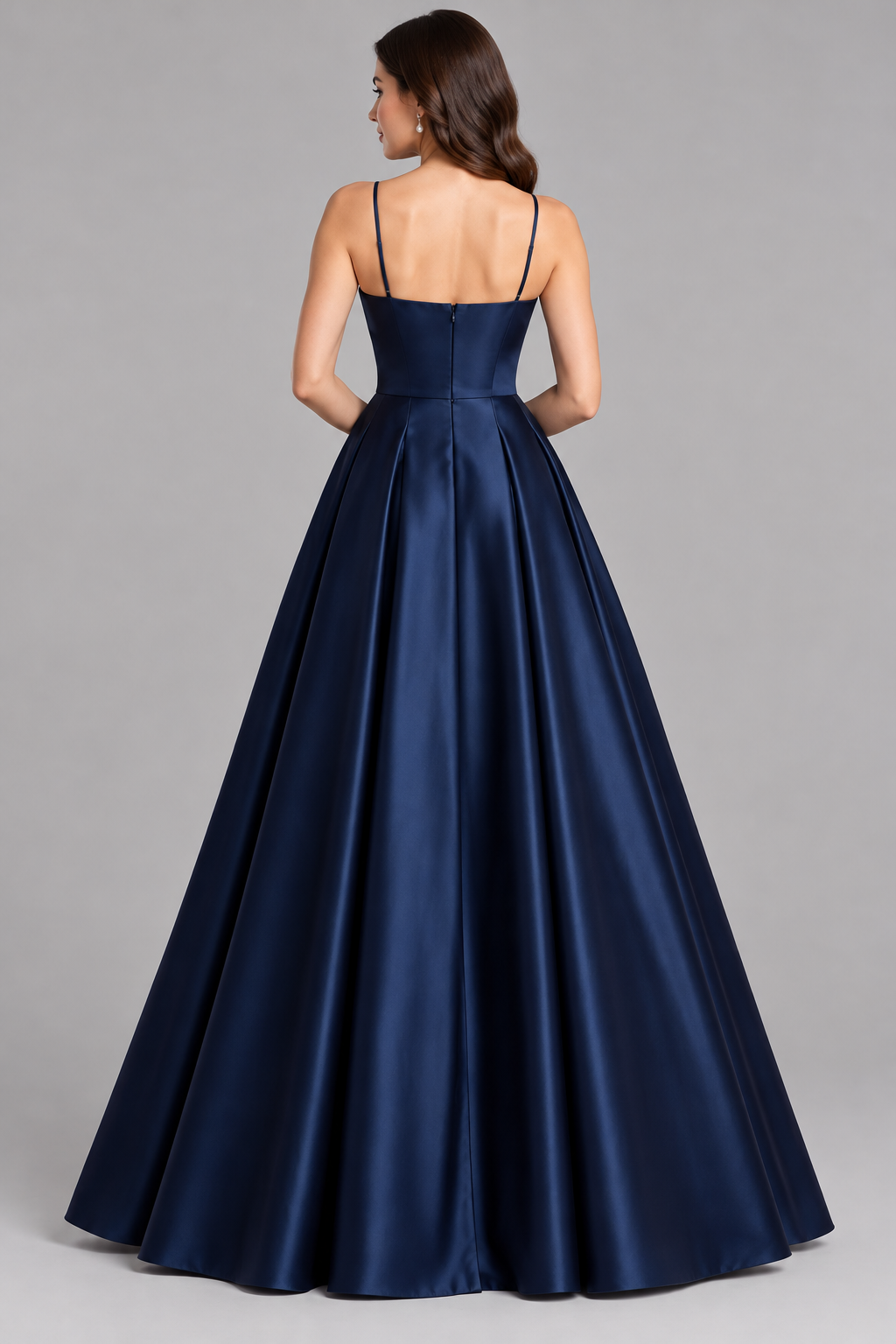 Navy Satin Noodle Straps Ball Gown Dress