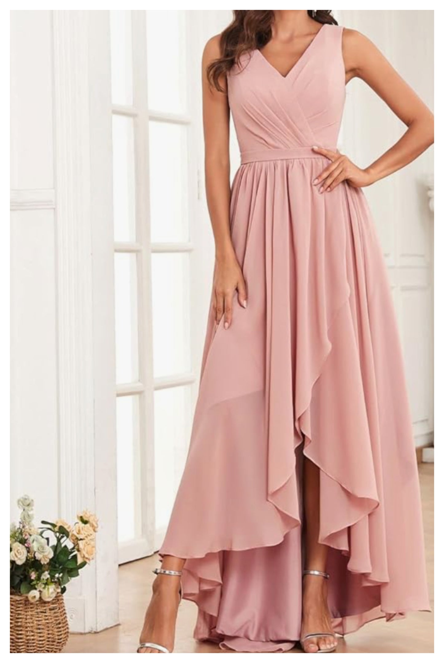 Sleeveless Peach Pink Asymmetrical Maxi Dress