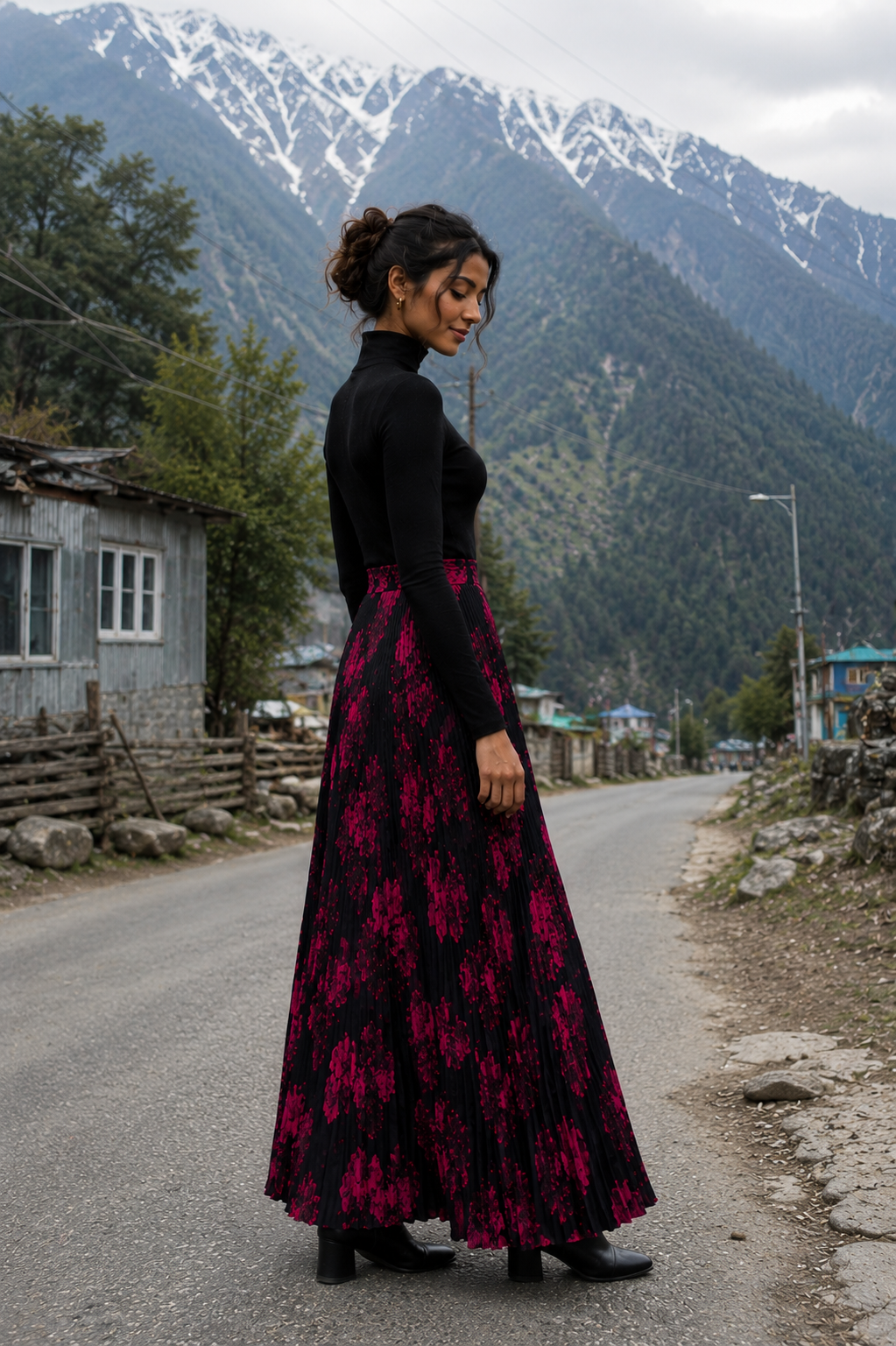 Midnight Bloom Pleated Maxi Skirt