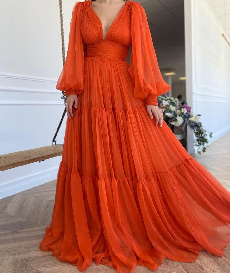 Deep Orange Multiple Layered Occasion Wear Maxi Dress