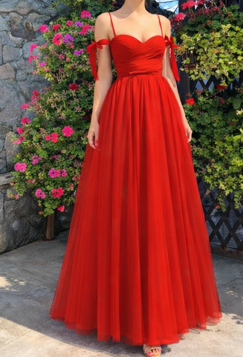 Red Off Shoulder Sweetheart Soft Net Maxi Dress
