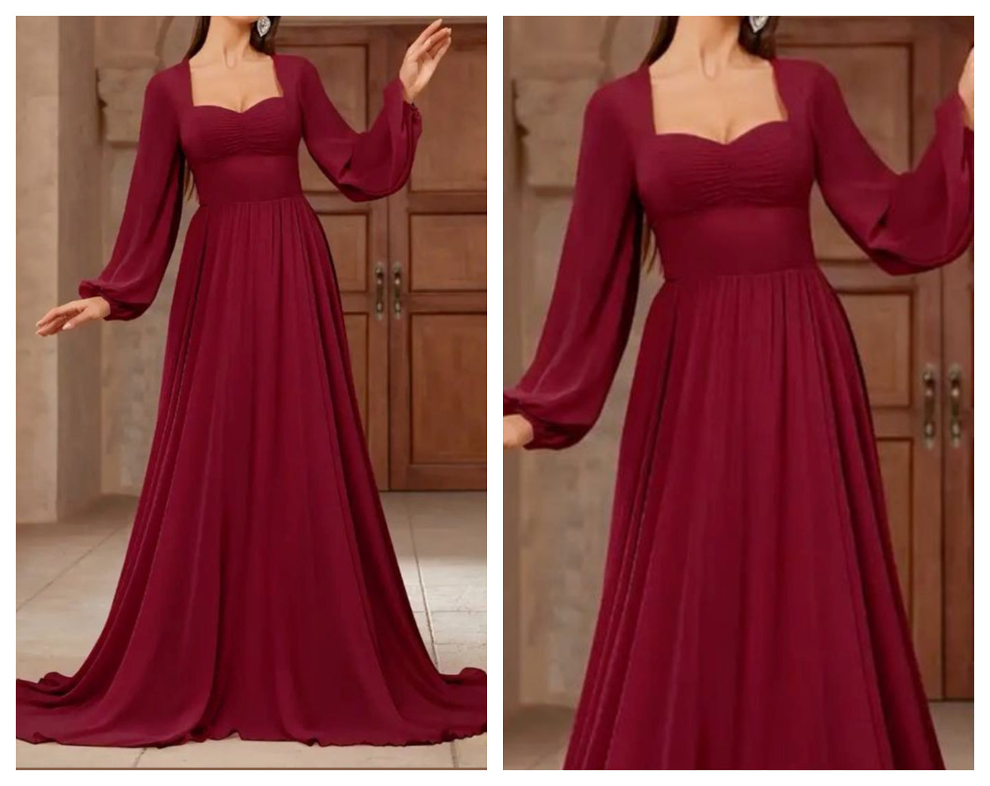 Maroon Sweetheart Neck Full Sleeves Maxi Dress for all Occasions