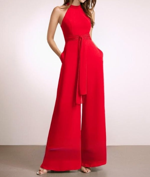 Valentine's Red Halter Neck Flared Pants Jumpsuit