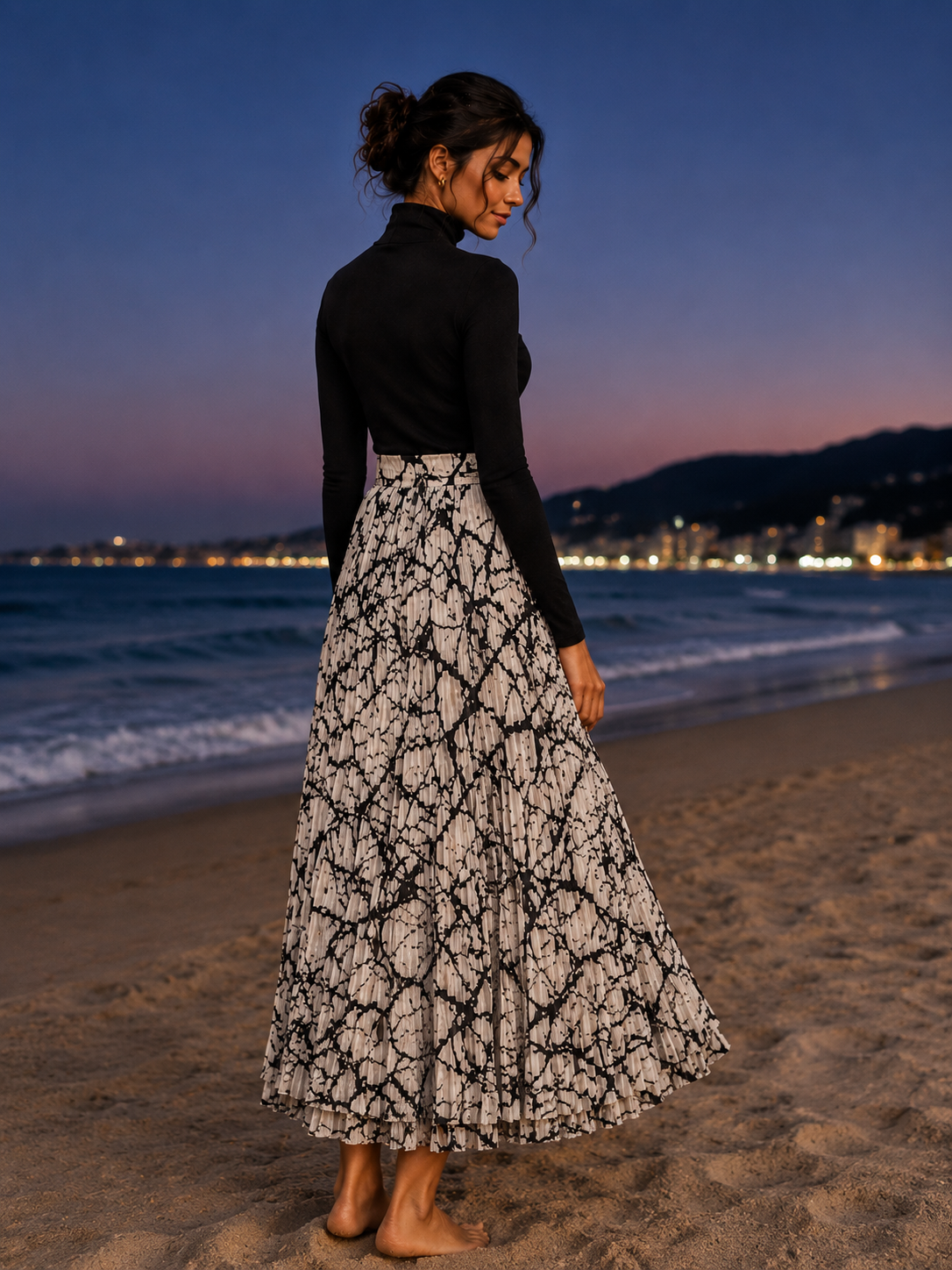Monochrome Abstract Pleated Maxi Skirt