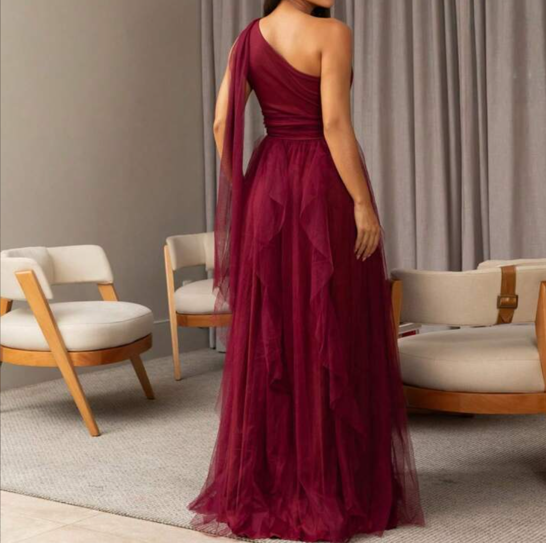 Maroon Maharani Net Six Frills Maxi Dress