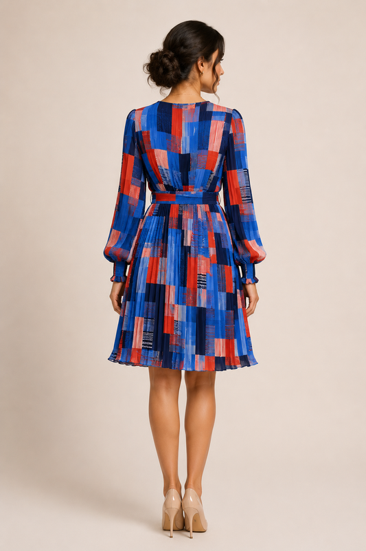 Patchwork Pleated Wrap Dress