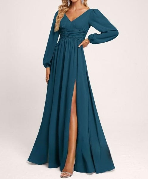 Teal Blue V Neck Draped Maxi Dress with Slit