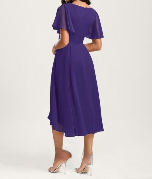 Purple Midi V Neck Umbrella Sleeves Dress