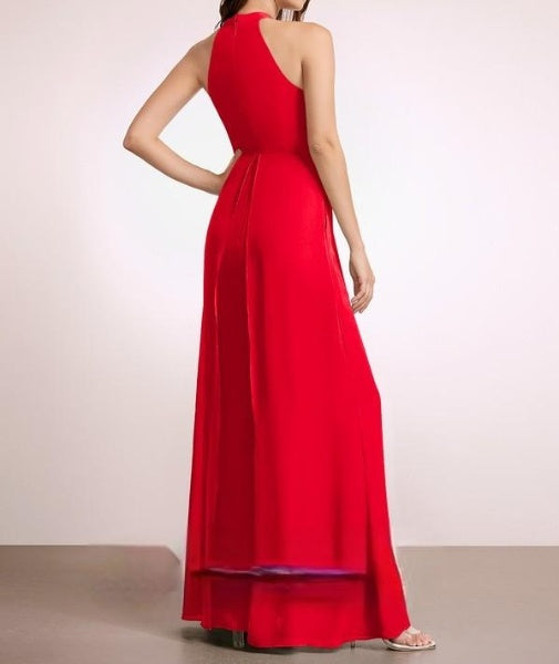 Valentine's Red Halter Neck Flared Pants Jumpsuit