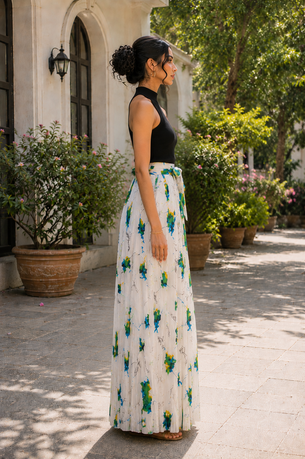 Soft pleated maxi skirt with floral watercolor print