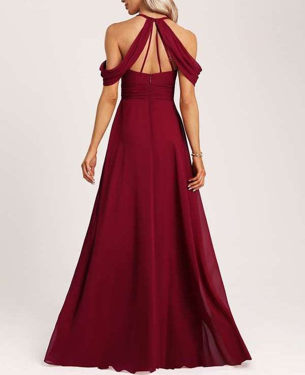 Maroon Cold Shoulder A-Line Halter Floor-Length Bridesmaid Dress
