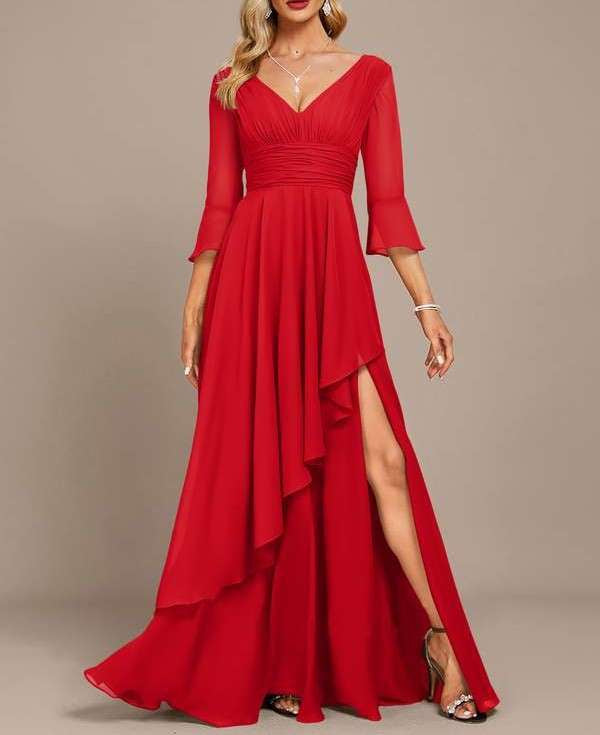 Red Draped V Neck Asymmetrical Georgette Maxi Dress