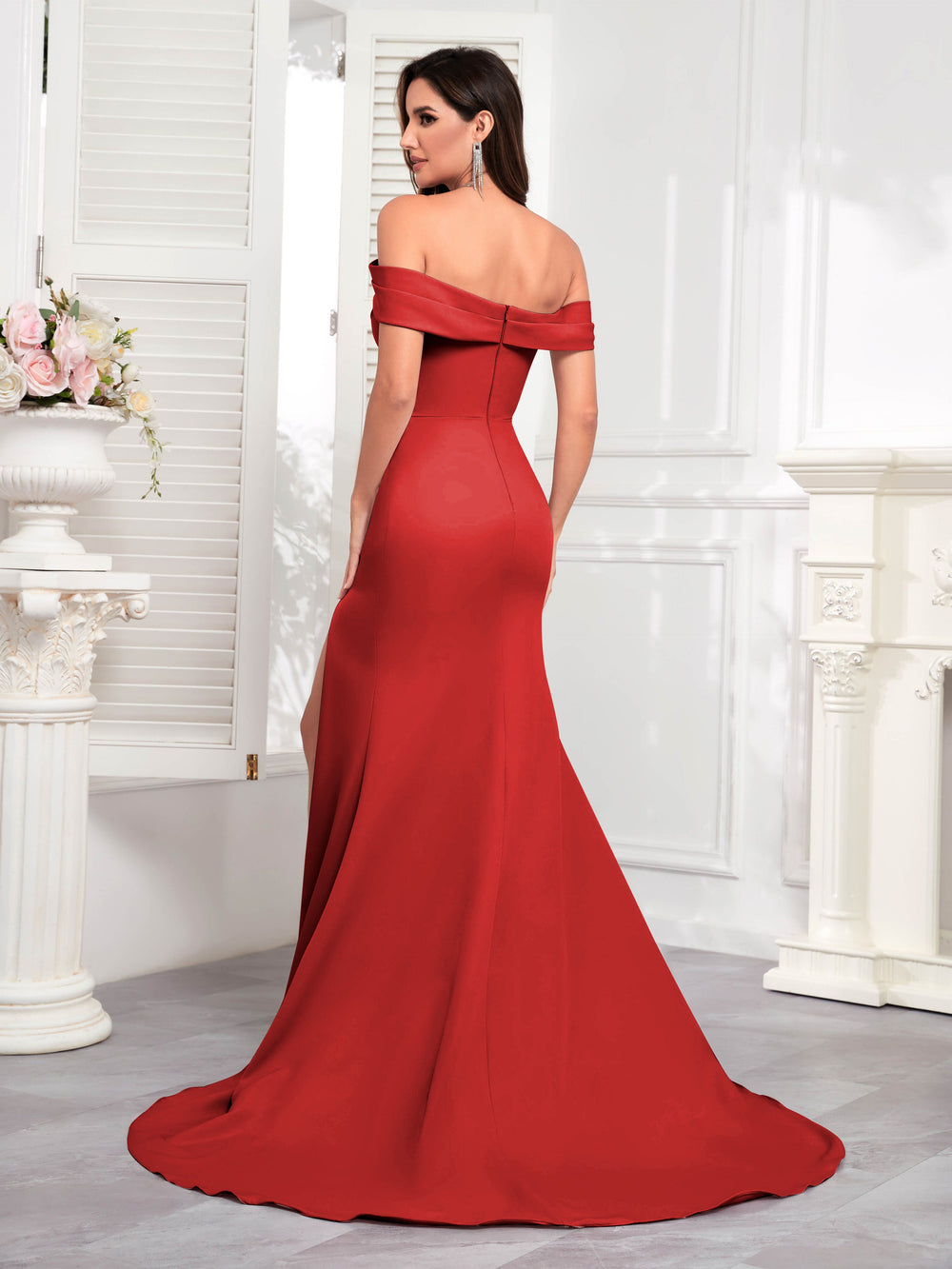 Red Scuba Off Shoulder Slit Dress