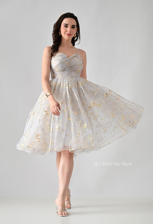 White and Golden Organza Birthday Midi Dress