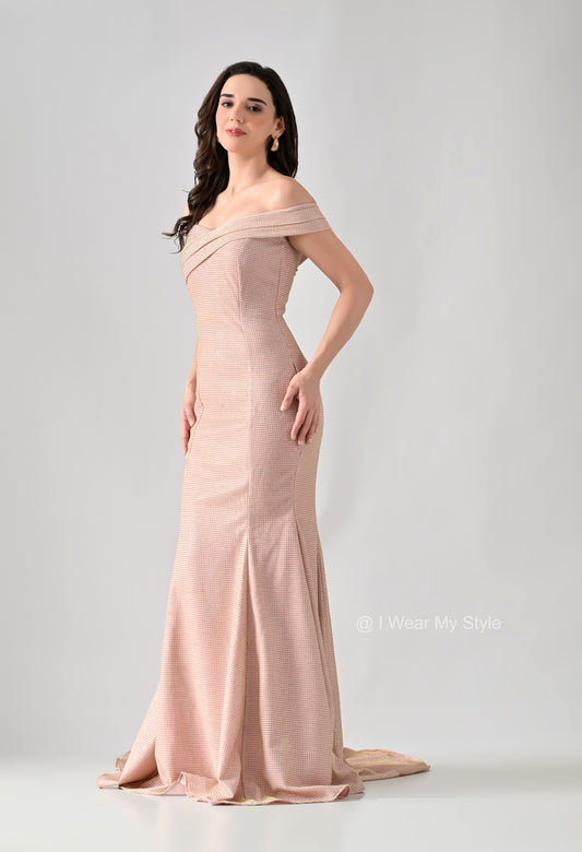 Premium Peach Sequinned Fishtail Formal Gown