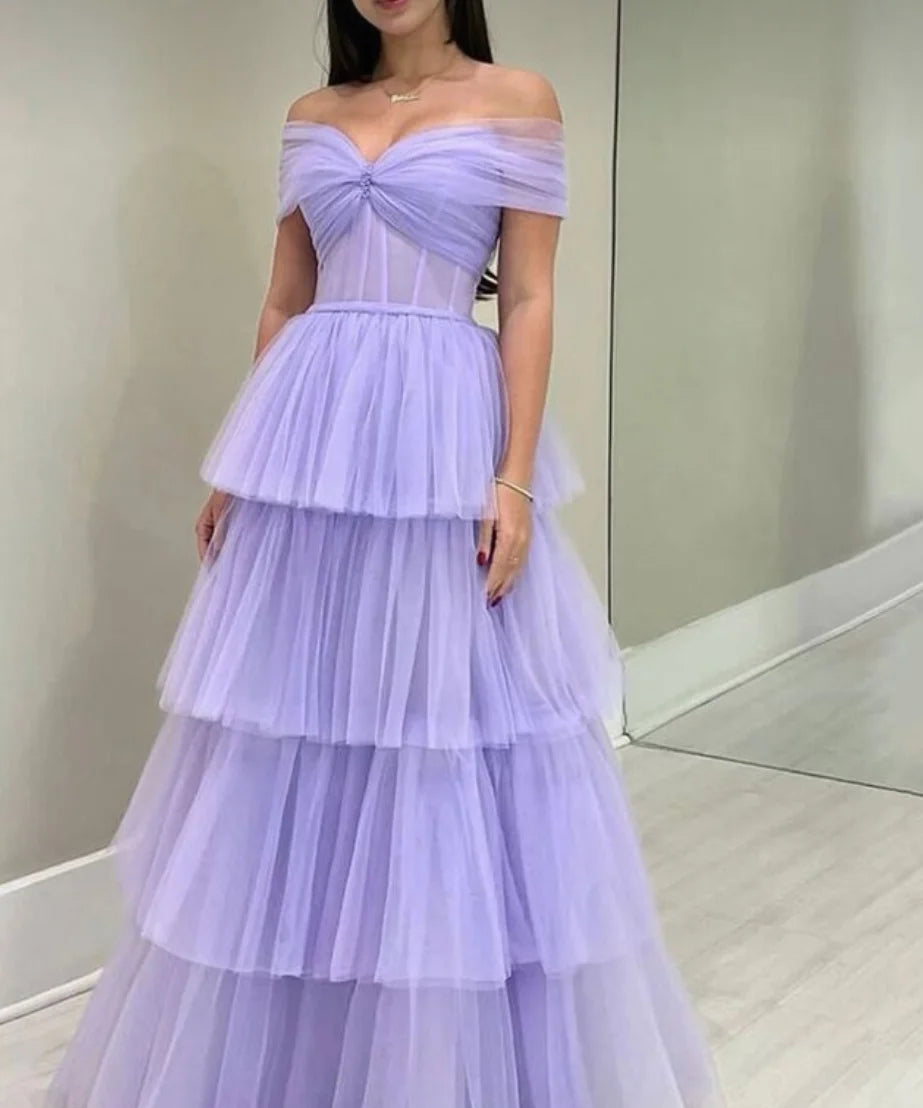 Net Lavender Ruffles Boning Maxi Dress