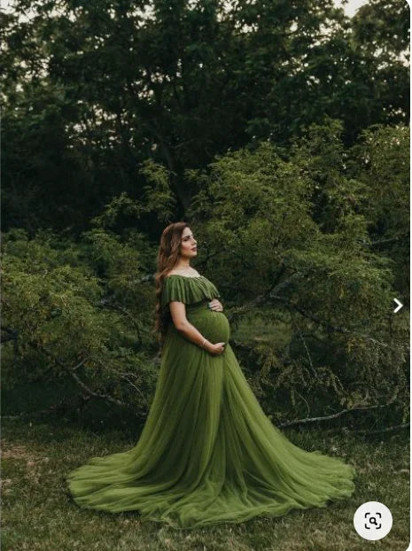 Olive Green Lycra and Net Maternity Gown
